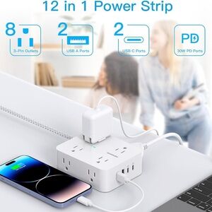 White Power Strip with USB Ports and 10ft Braided Cord